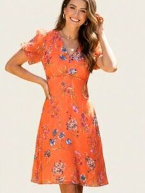 Calvin Klein Orange Floral V-Neck Midi Dress